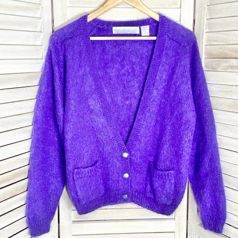 Vintage Bramble Lane Mohair Hong Kong Purple Deep V Neck Cardigan M
